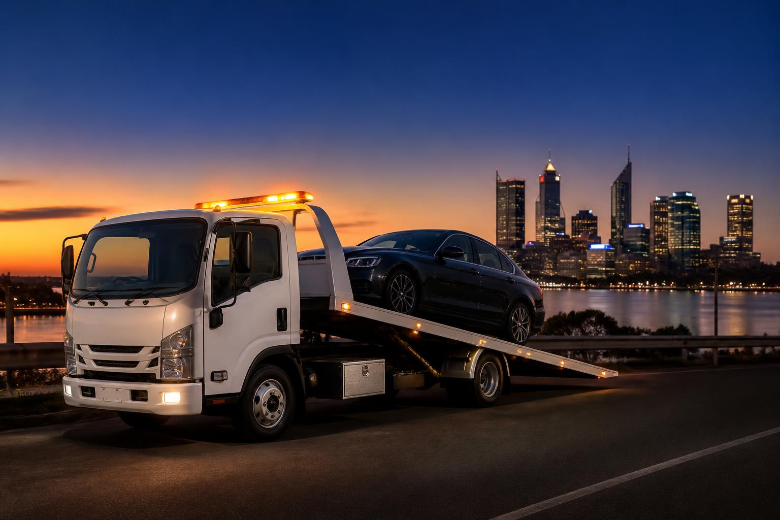 Tilt tray tow truck with Perth skyline at dusk