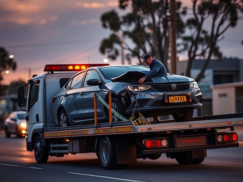 Operator strapping a damaged car onto a tilt tray at dusk