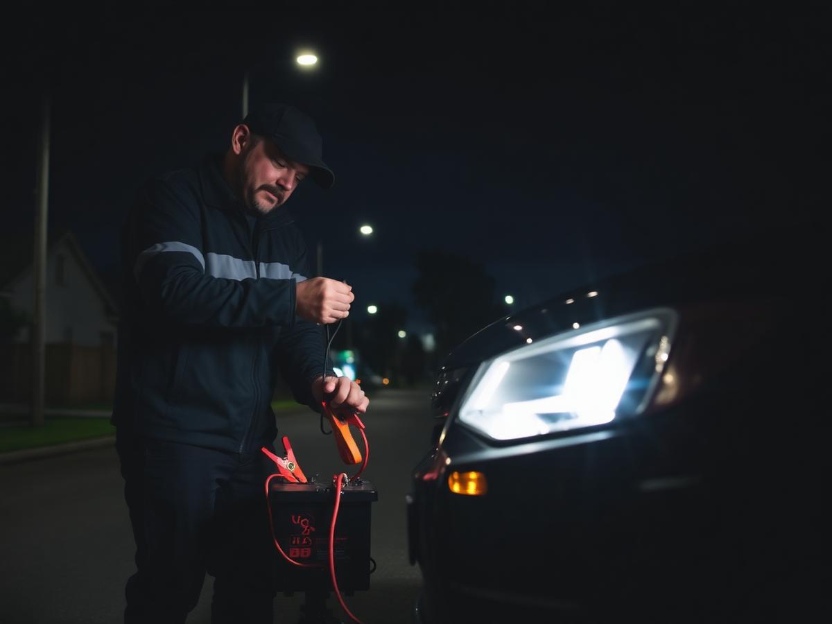 Technician connecting jumper cables to a car battery at night