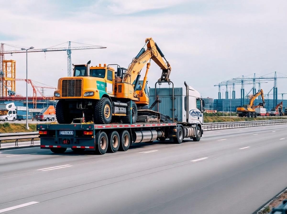 Heavy machinery loaded on a J&H Transport truck