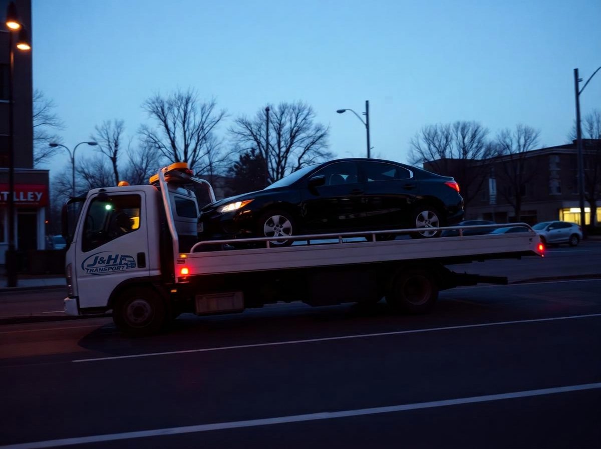 J&H Transport tilt tray tow truck loading a car at dusk